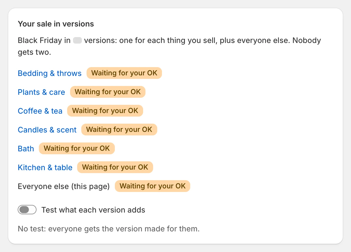 Your sale in versions: one Black Friday email for each thing the store sells plus everyone else, each waiting for your OK