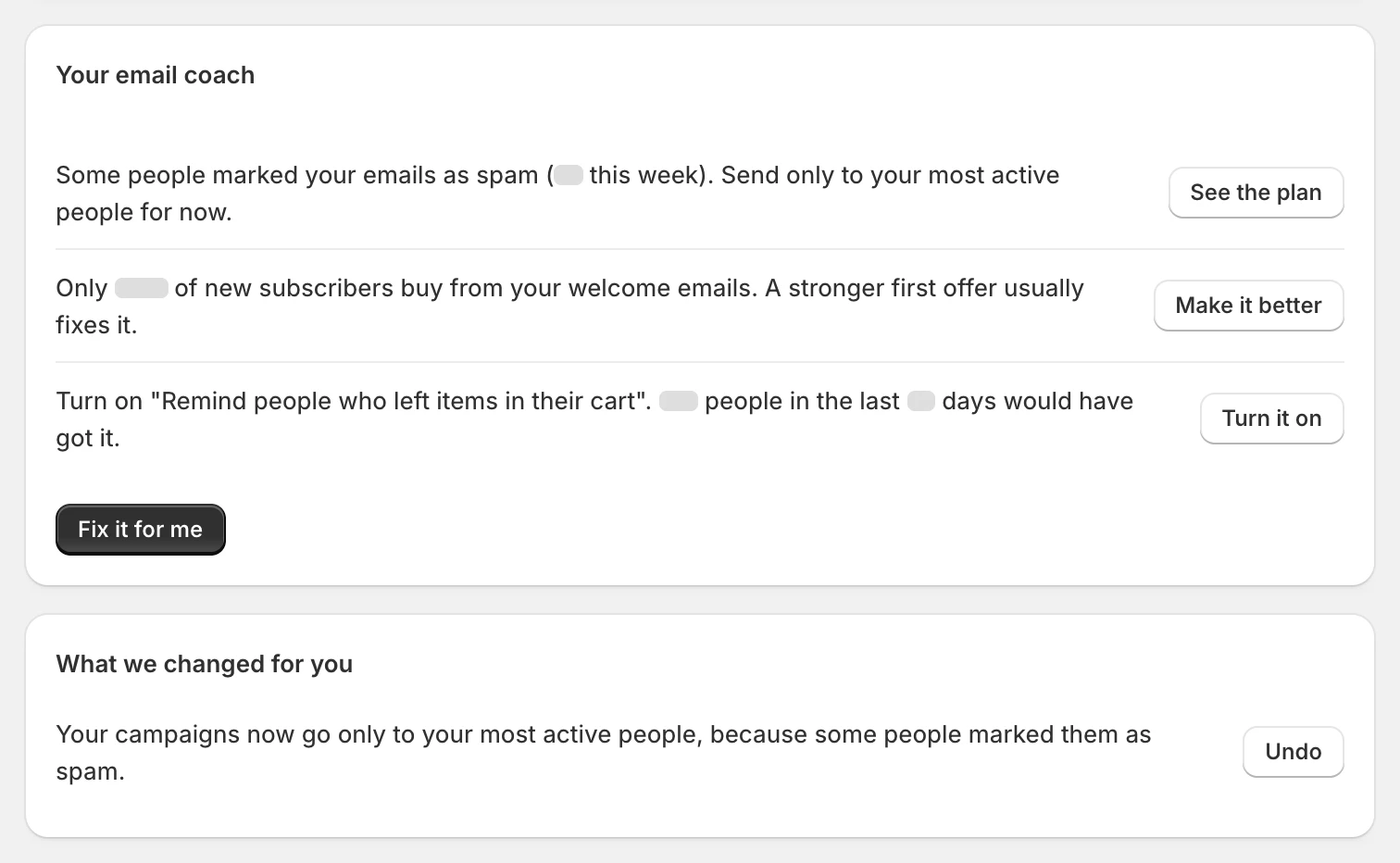 Your email coach: three tips in plain words, each with a button, Fix it for me, and below it a change Mailpilot made for you with an Undo button
