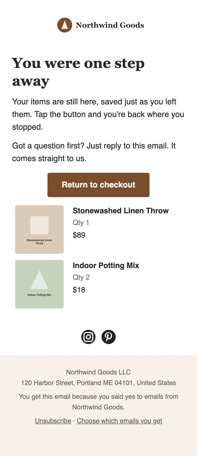 A ready-made checkout reminder: You were one step away, a Return to checkout button and the products left in checkout