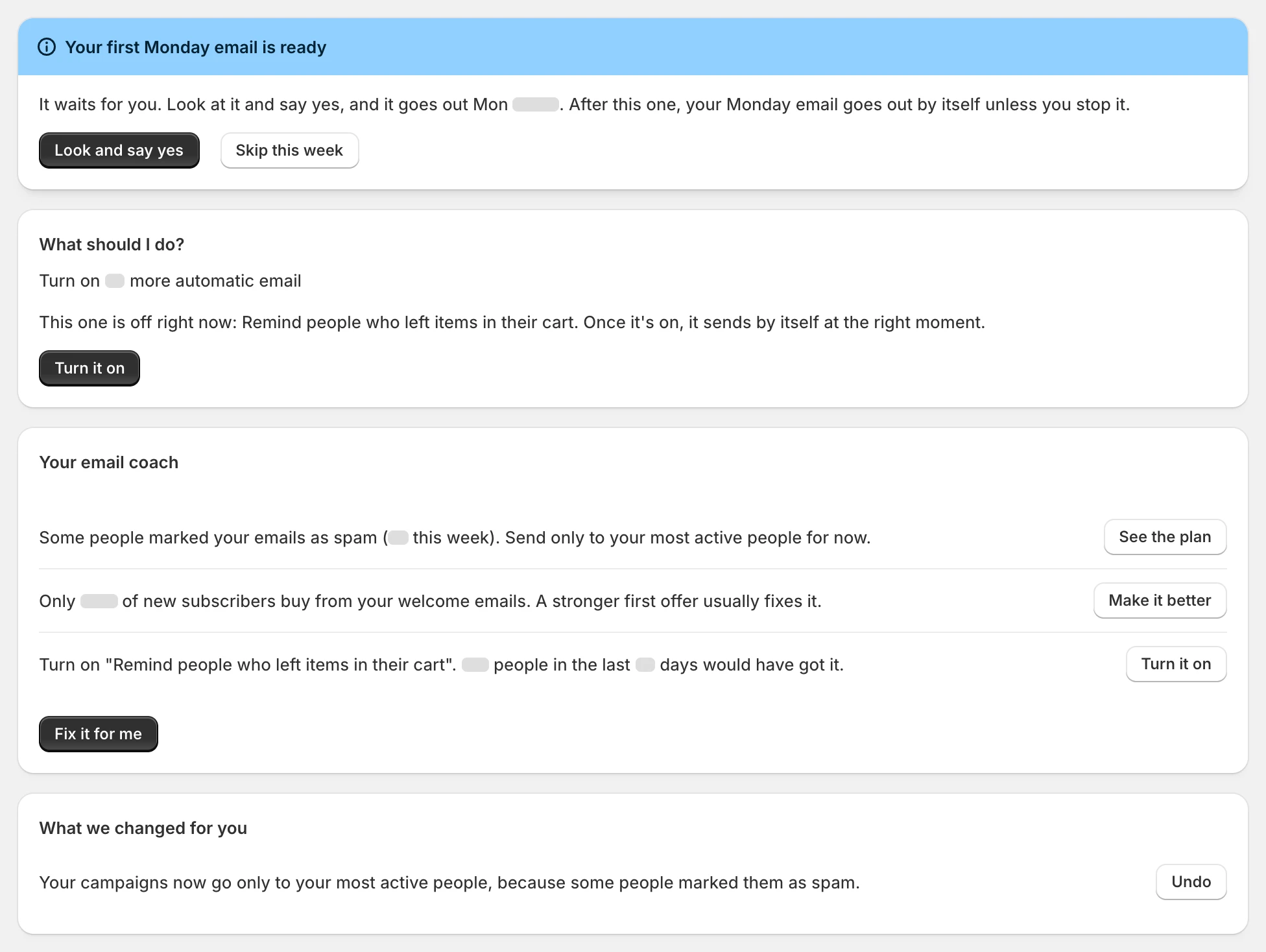 Mailpilot Home: your first Monday email is ready, what to do next, the email coach's tips and what was changed for you, each with an Undo button